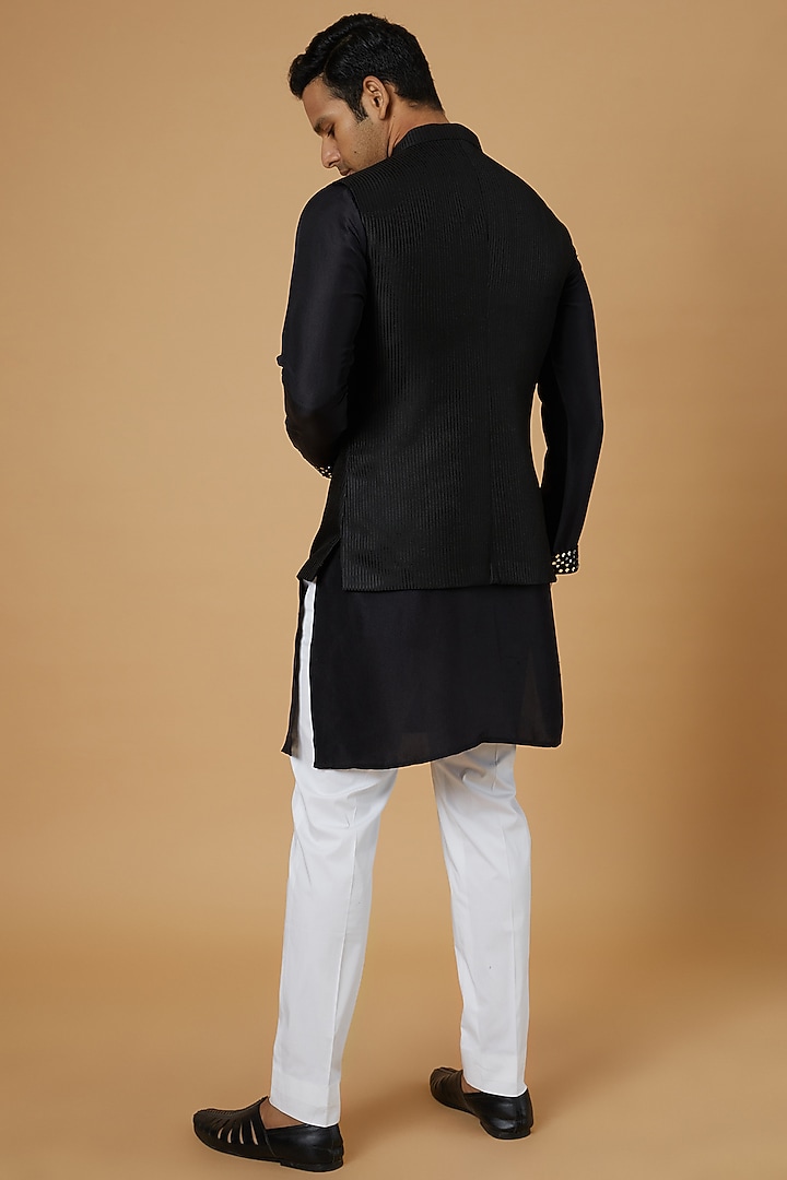 Black Silk Embroidered Nehru Jacket by Sawan Gandhi Men at Pernia's Pop Up Shop