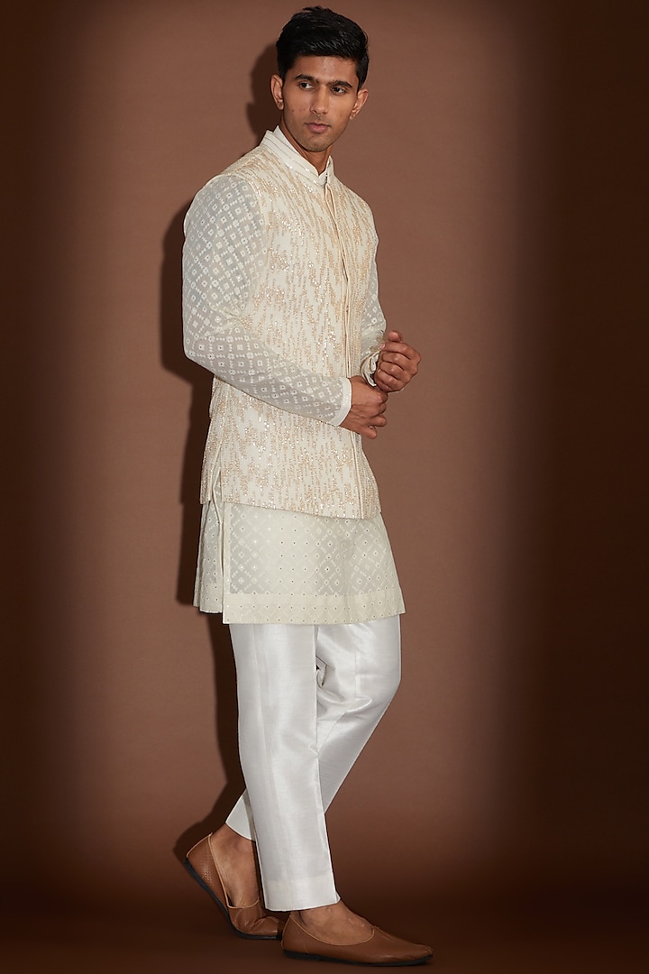 Ivory Georgette Sequins Embroidered Nehru Jacket Set by Sawan Gandhi Men