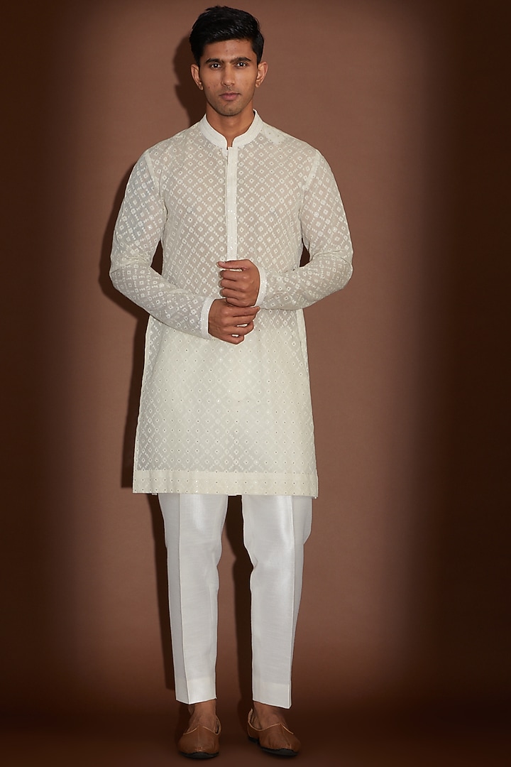 Ivory Georgette Sequins Embroidered Nehru Jacket Set by Sawan Gandhi Men at Pernia's Pop Up Shop