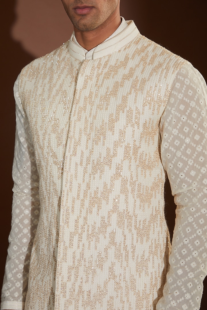 Ivory Georgette Sequins Embroidered Nehru Jacket Set by Sawan Gandhi Men at Pernia's Pop Up Shop
