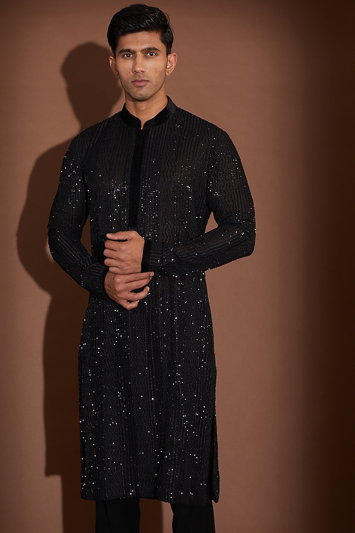 Black Georgette Cutdana Embroidered Kurta Set by Sawan Gandhi Men at Pernia's Pop Up Shop
