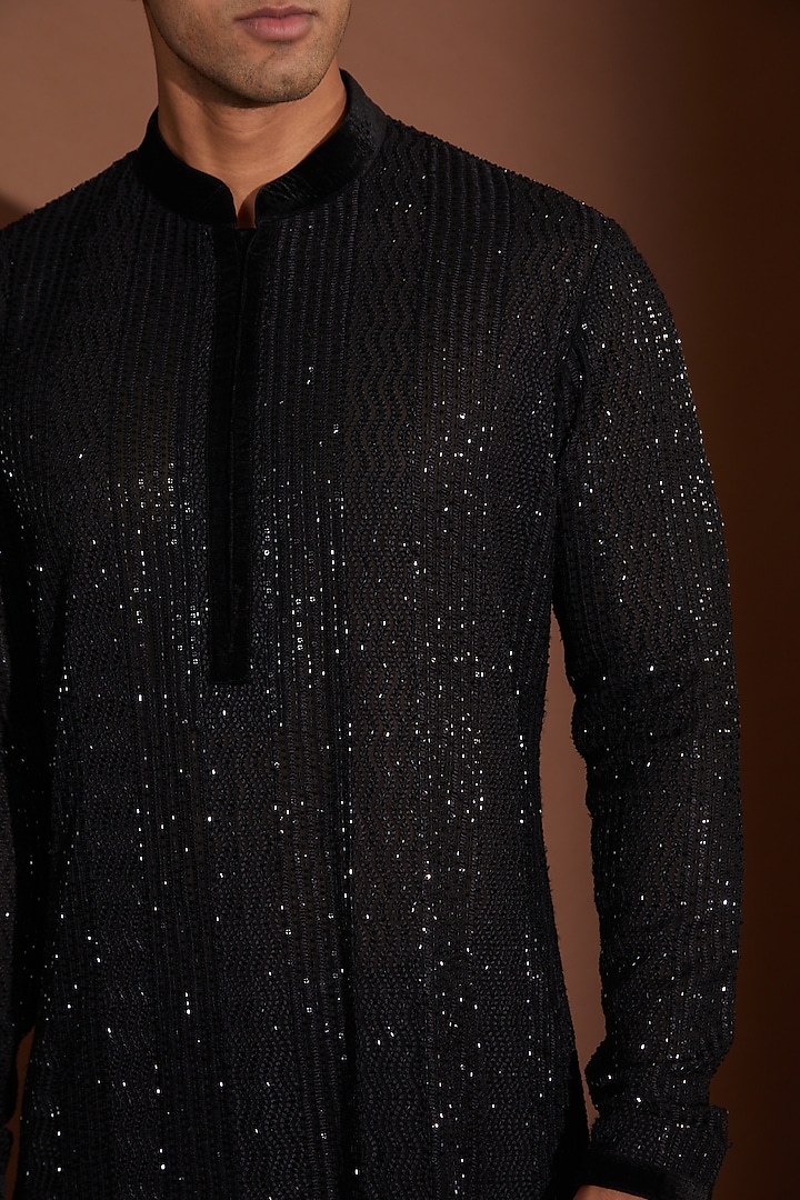 Black Georgette Cutdana Embroidered Kurta Set by Sawan Gandhi Men at Pernia's Pop Up Shop