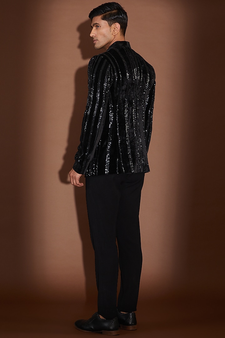 Black Velvet Sequin Embroidered Groom Bandhgala Set by Sawan Gandhi Men at Pernia's Pop Up Shop