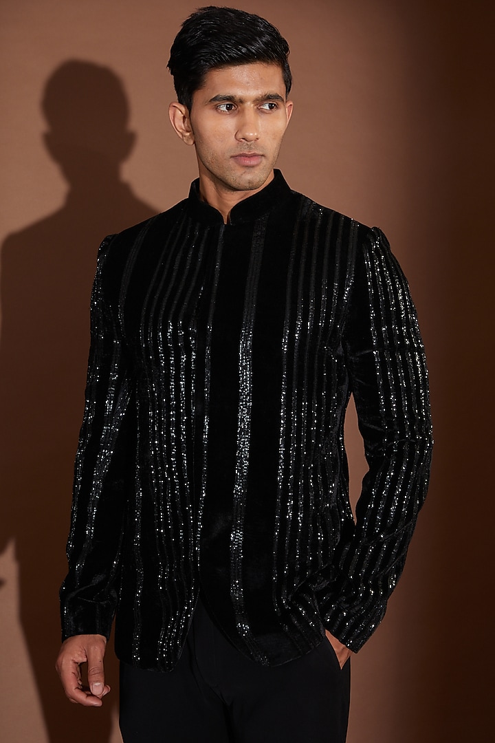 Black Velvet Sequin Embroidered Groom Bandhgala Set by Sawan Gandhi Men at Pernia's Pop Up Shop