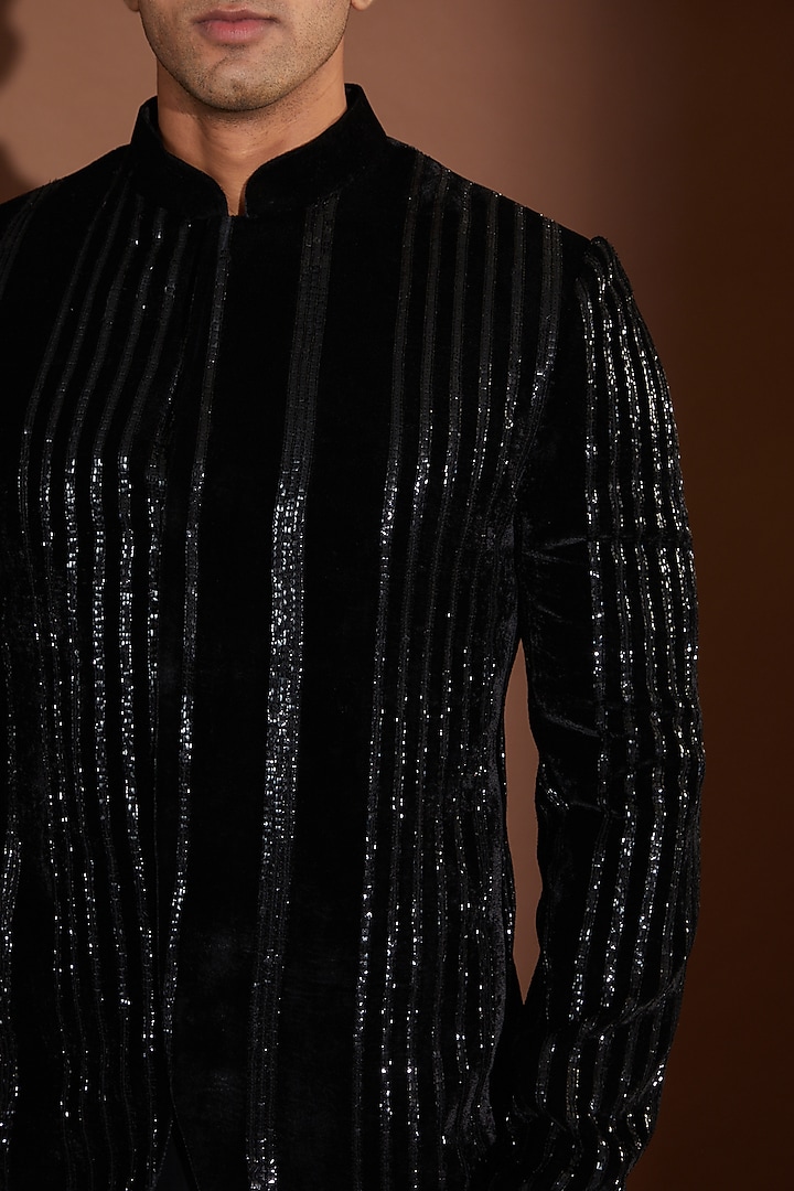 Black Velvet Sequin Embroidered Groom Bandhgala Set by Sawan Gandhi Men at Pernia's Pop Up Shop