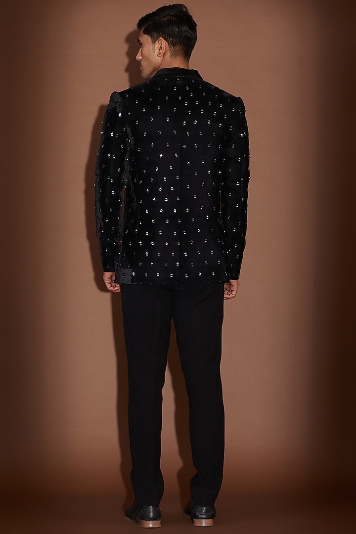 Black Velvet Mirror Embroidered Tuxedo Set by Sawan Gandhi Men at Pernia's Pop Up Shop