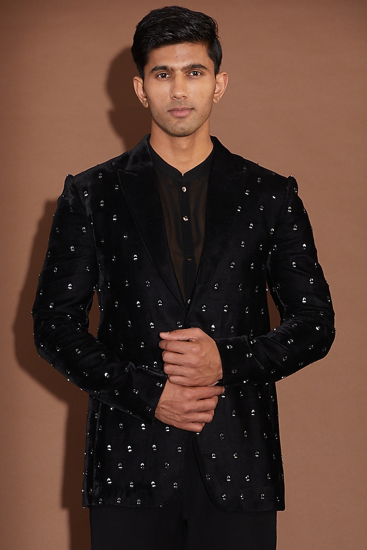 Black Velvet Mirror Embroidered Tuxedo Set by Sawan Gandhi Men at Pernia's Pop Up Shop