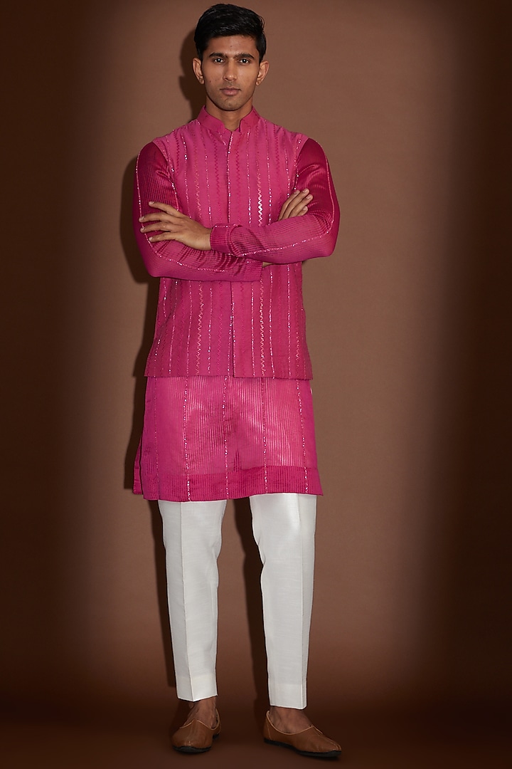 Hot Pink Organza Embroidered Nehru Jacket With Kurta Set by Sawan Gandhi Men