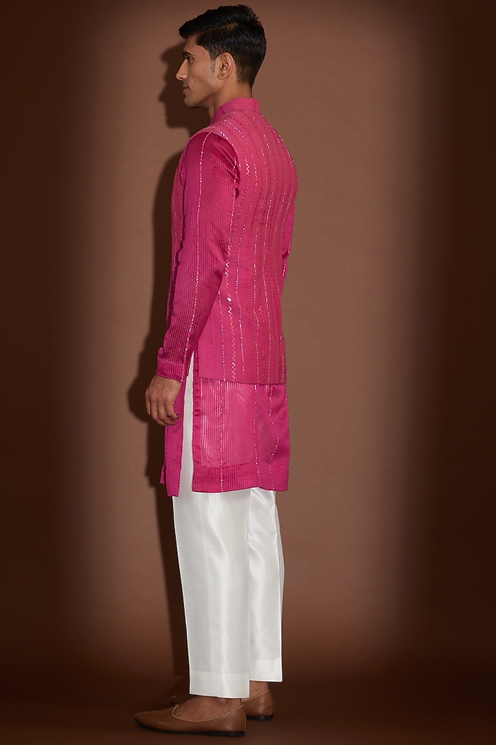 Hot Pink Organza Embroidered Nehru Jacket With Kurta Set by Sawan Gandhi Men at Pernia's Pop Up Shop