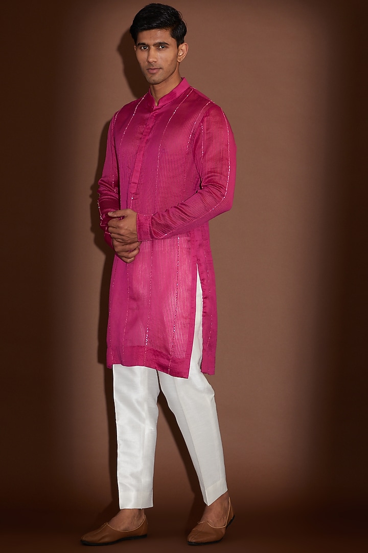 Hot Pink Organza Embroidered Nehru Jacket With Kurta Set by Sawan Gandhi Men at Pernia's Pop Up Shop