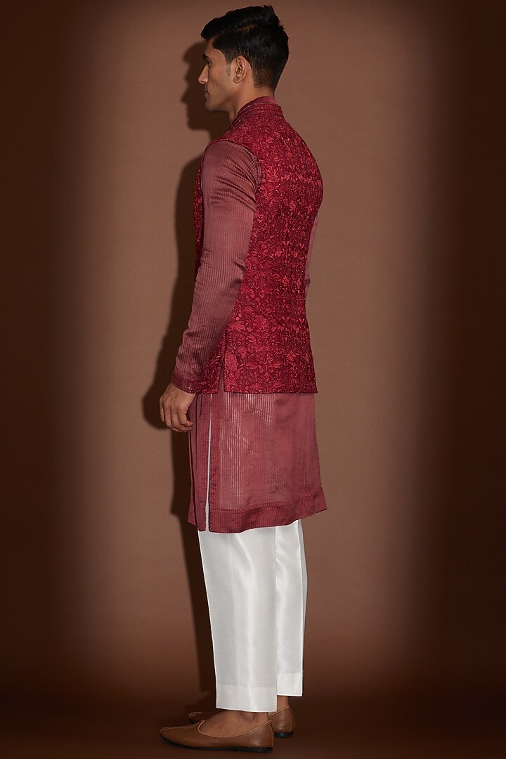 Red Organza Cutdana & Thread Embroidered Nehru Jacket Set by Sawan Gandhi Men at Pernia's Pop Up Shop