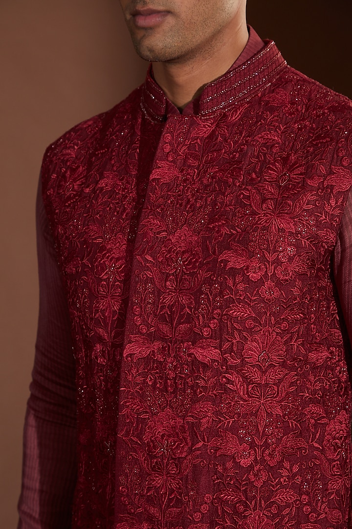 Red Organza Cutdana & Thread Embroidered Nehru Jacket Set by Sawan Gandhi Men at Pernia's Pop Up Shop