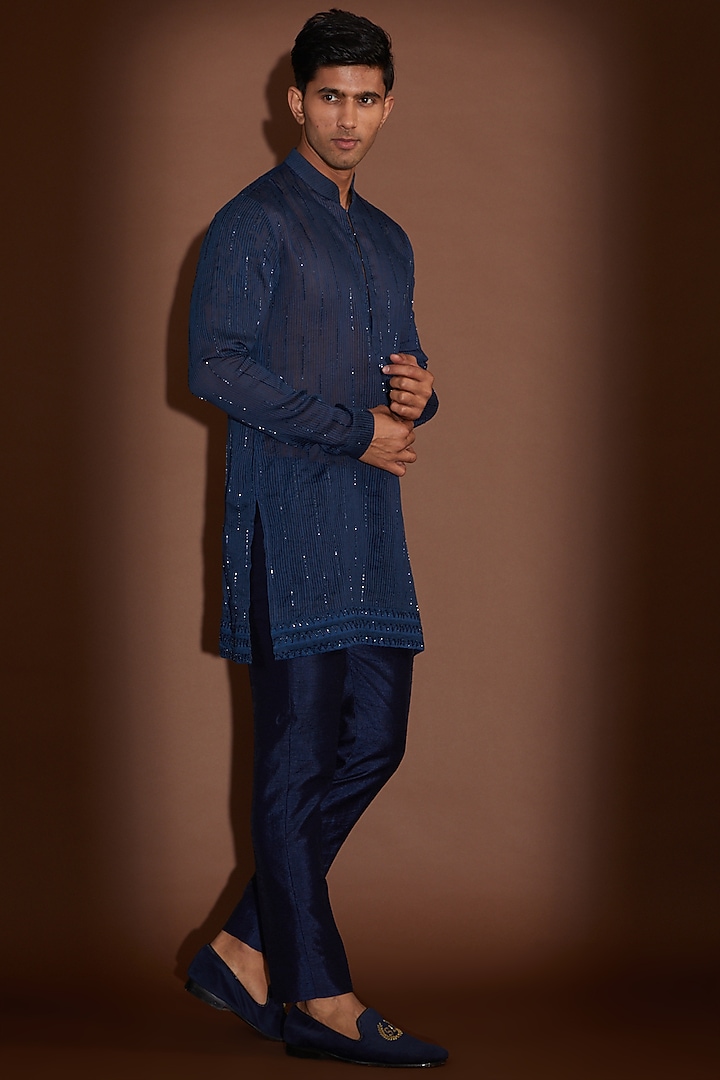 Blue Chanderi Silk Chevron Cutdana Embroidered Nehru Jacket Set by Sawan Gandhi Men at Pernia's Pop Up Shop