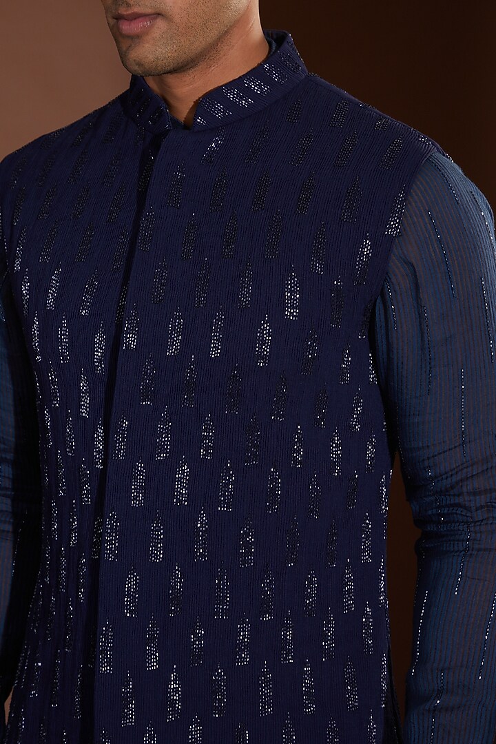 Blue Chanderi Silk Chevron Cutdana Embroidered Nehru Jacket Set by Sawan Gandhi Men at Pernia's Pop Up Shop