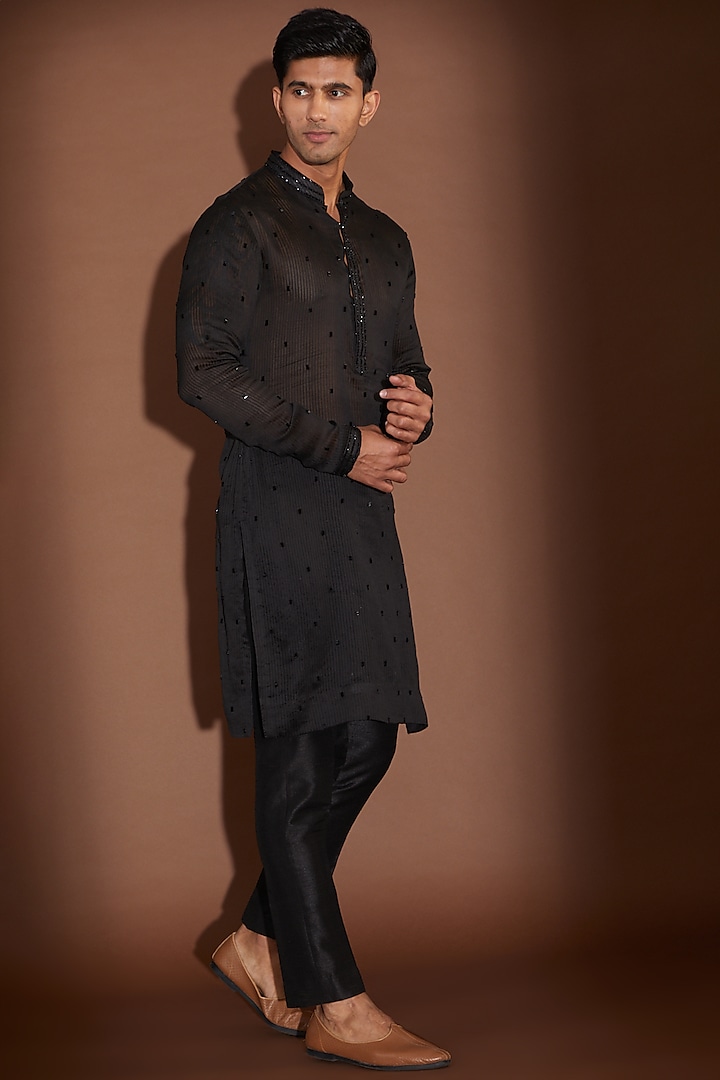 Black Handloom Ghicha Embroidered Kurta Set by Sawan Gandhi Men