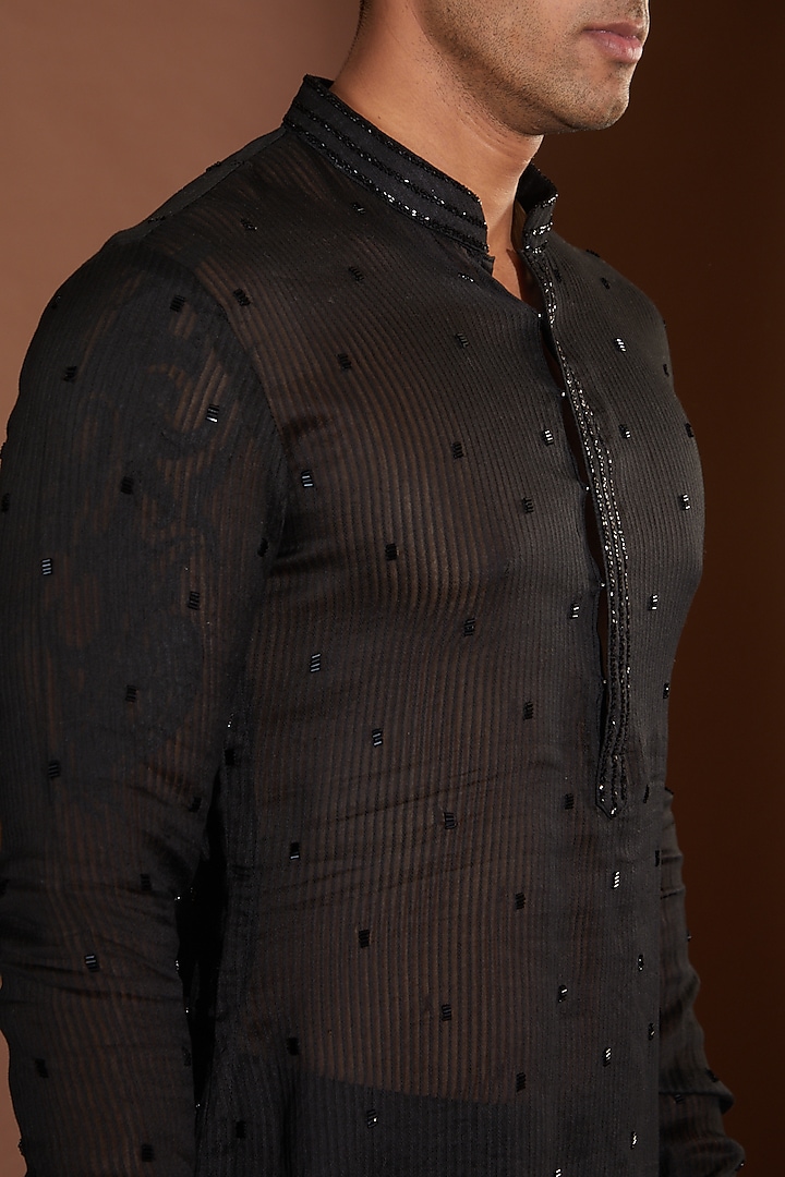 Black Handloom Ghicha Embroidered Kurta Set by Sawan Gandhi Men at Pernia's Pop Up Shop