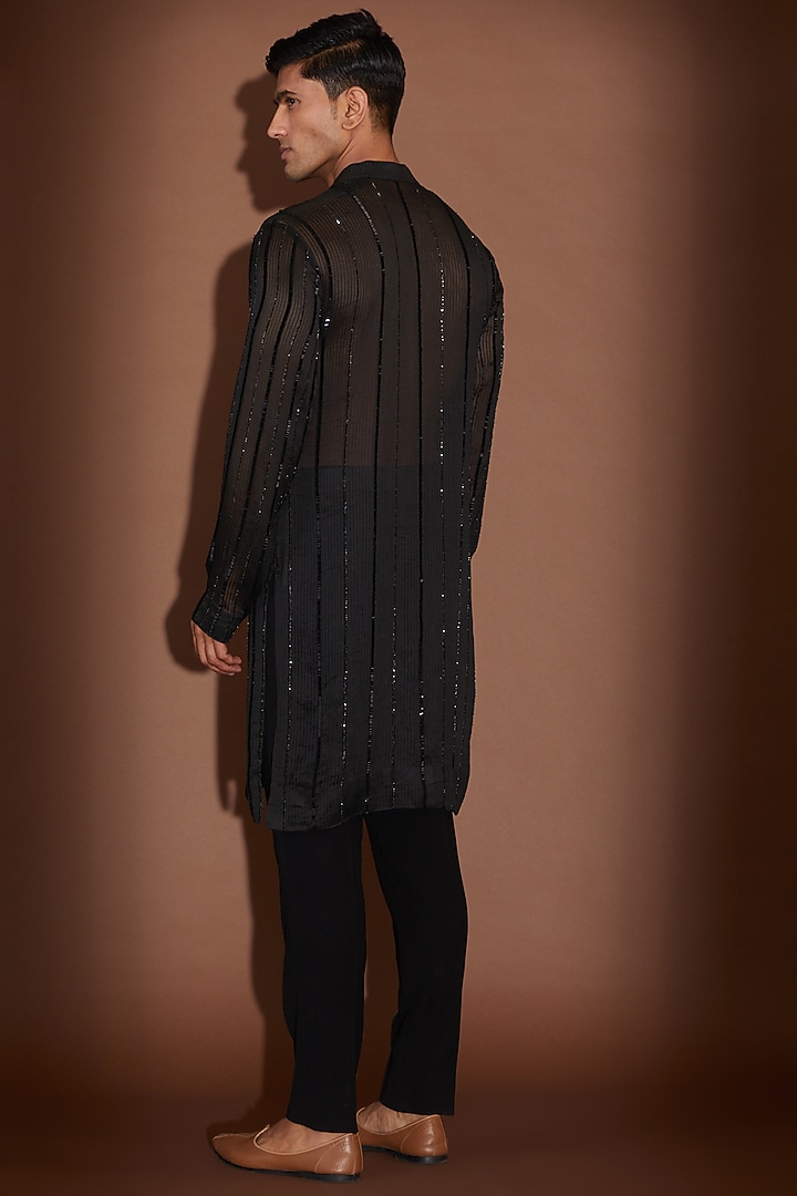 Black Ghicha Organza Cutdana Embroidered Kurta Set by Sawan Gandhi Men at Pernia's Pop Up Shop