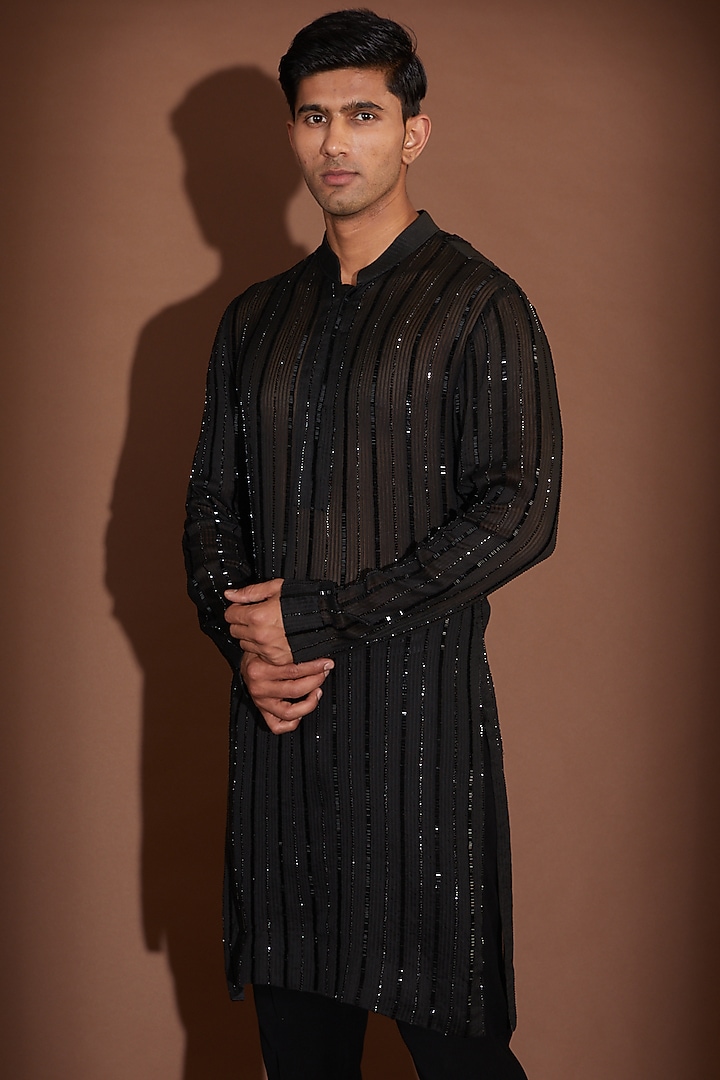 Black Ghicha Organza Cutdana Embroidered Kurta Set by Sawan Gandhi Men at Pernia's Pop Up Shop