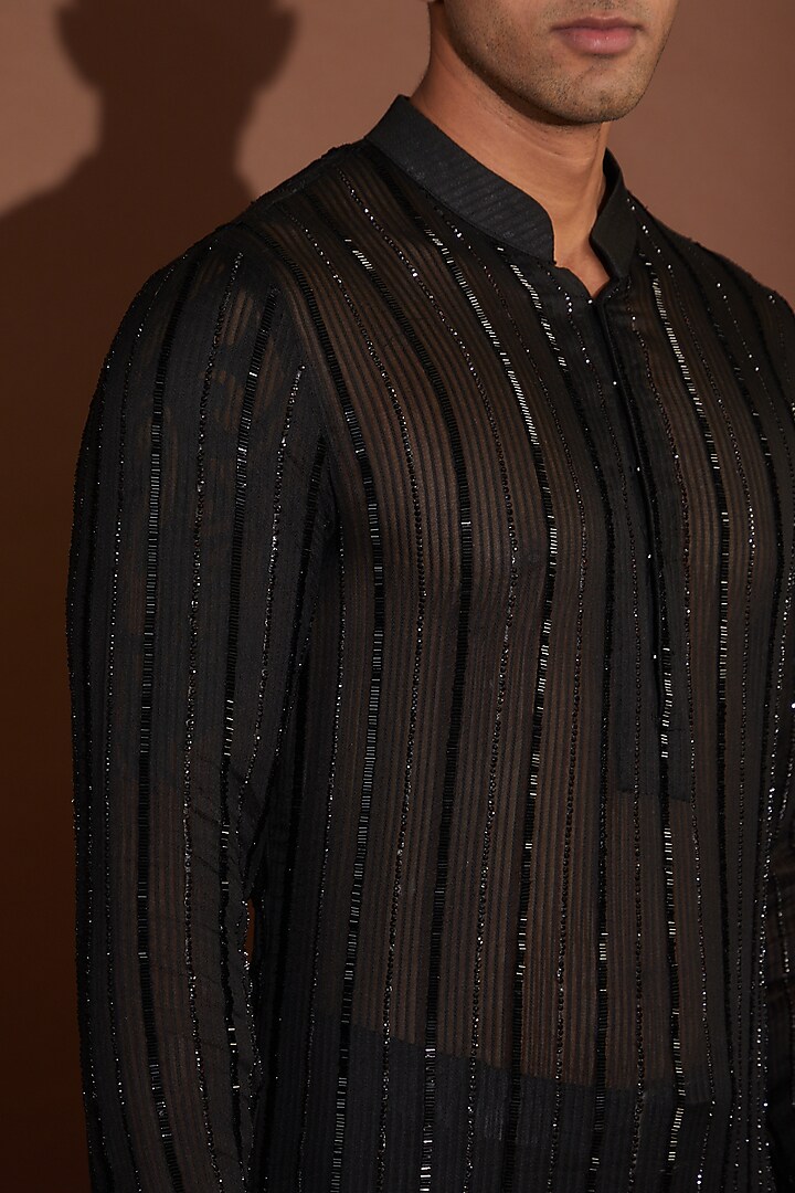 Black Ghicha Organza Cutdana Embroidered Kurta Set by Sawan Gandhi Men at Pernia's Pop Up Shop