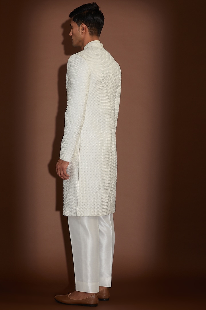 Ivory Chanderi Thread & Pearl Embroidered Groom Sherwani Set by Sawan Gandhi Men at Pernia's Pop Up Shop