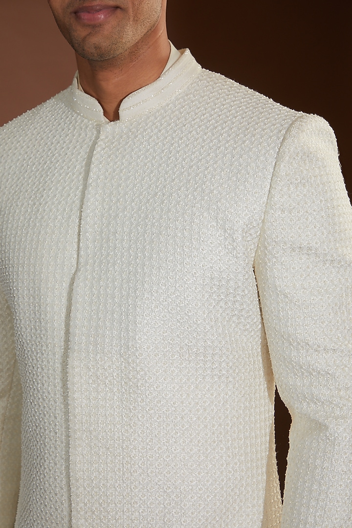 Ivory Chanderi Thread & Pearl Embroidered Groom Sherwani Set by Sawan Gandhi Men at Pernia's Pop Up Shop