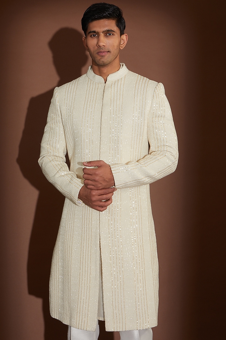 Ivory Georgette Sequin Embroidered Groom Sherwani Set by Sawan Gandhi Men at Pernia's Pop Up Shop