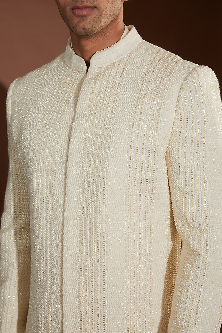 Ivory Georgette Sequin Embroidered Groom Sherwani Set by Sawan Gandhi Men at Pernia's Pop Up Shop