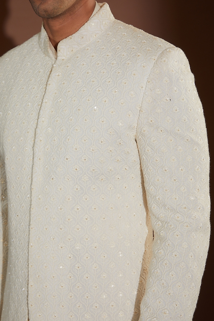 Ivory Georgette Embroidered Groom Sherwani Set by Sawan Gandhi Men at Pernia's Pop Up Shop