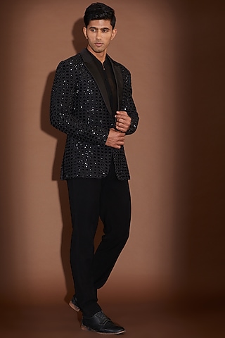 Black Georgette Embroidered Tuxedo Set by Sawan Gandhi Men
