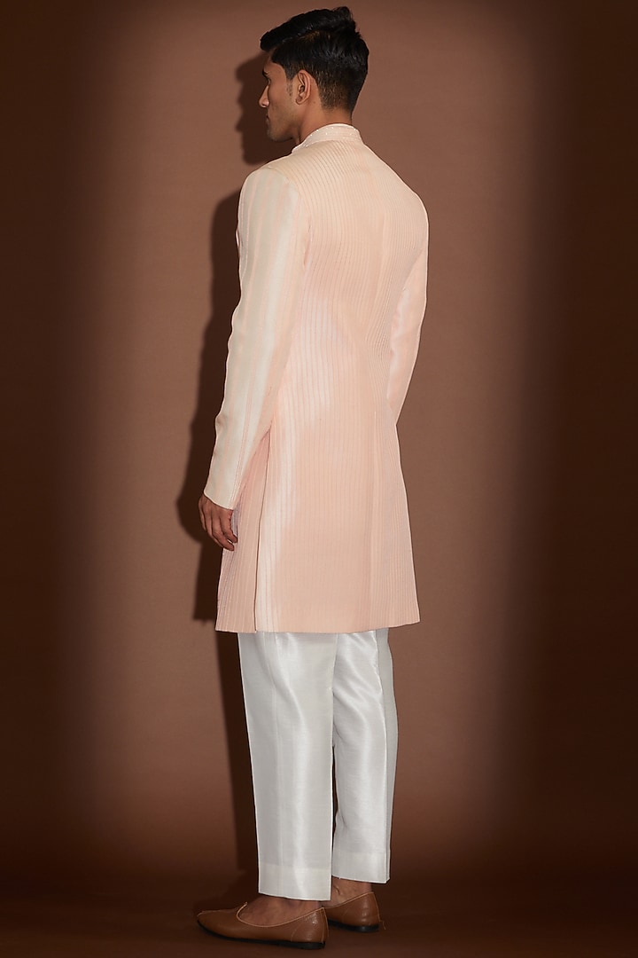 Peach Dupion Silk Cutdana Embroidered Groom Sherwani Set by Sawan Gandhi Men at Pernia's Pop Up Shop