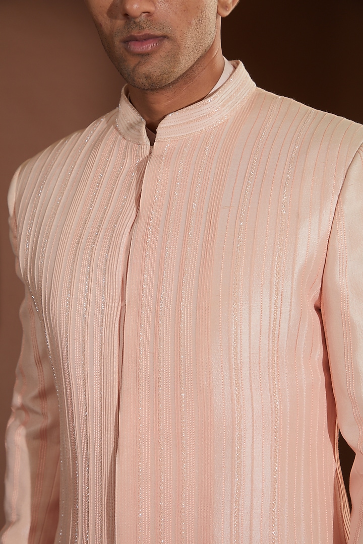Peach Dupion Silk Cutdana Embroidered Groom Sherwani Set by Sawan Gandhi Men at Pernia's Pop Up Shop