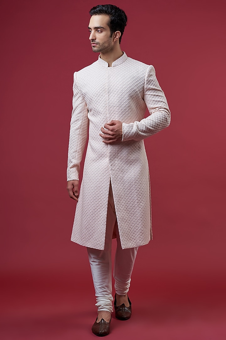 Ivory Georgette Hand Embroidered Sherwani Set by Sawan Gandhi Men