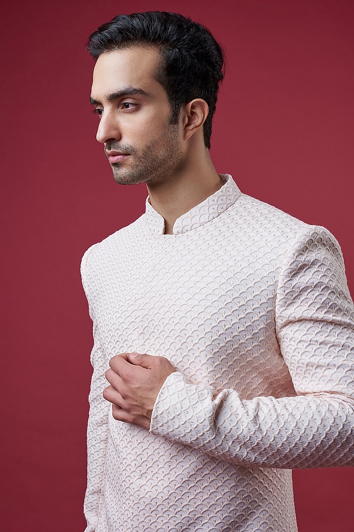 Ivory Georgette Hand Embroidered Groom Sherwani Set by Sawan Gandhi Men at Pernia's Pop Up Shop