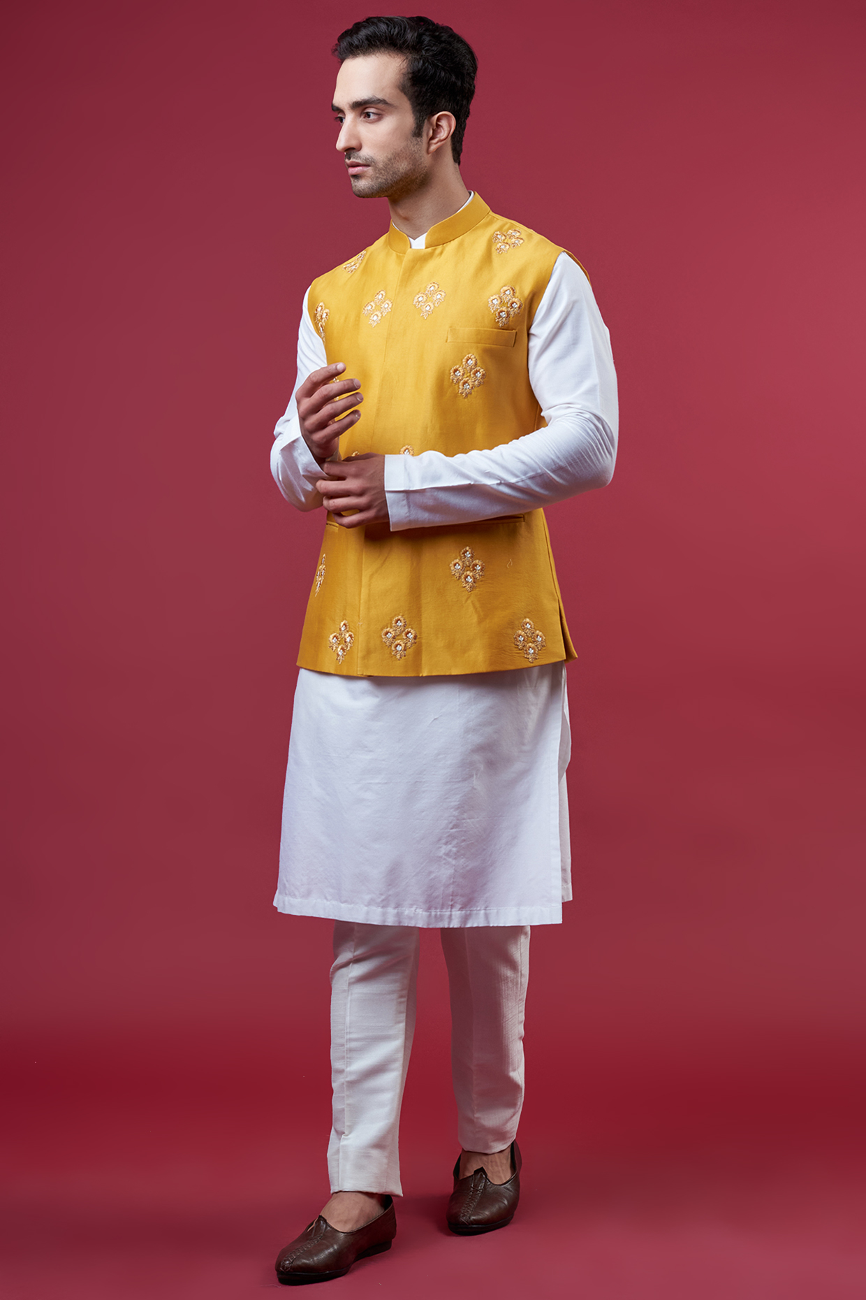 Yellow Silk Embroidered Bundi Jacket by Sawan Gandhi Men