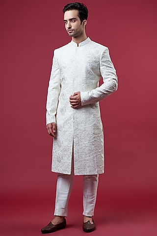 Ivory Chanderi Silk Embroidered Sherwani Set by Sawan Gandhi Men