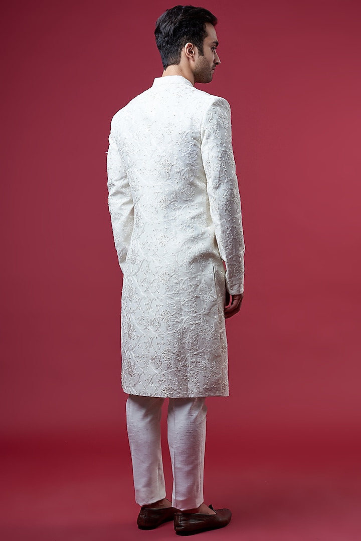 Ivory Chanderi Silk Embroidered Groom Sherwani Set by Sawan Gandhi Men at Pernia's Pop Up Shop