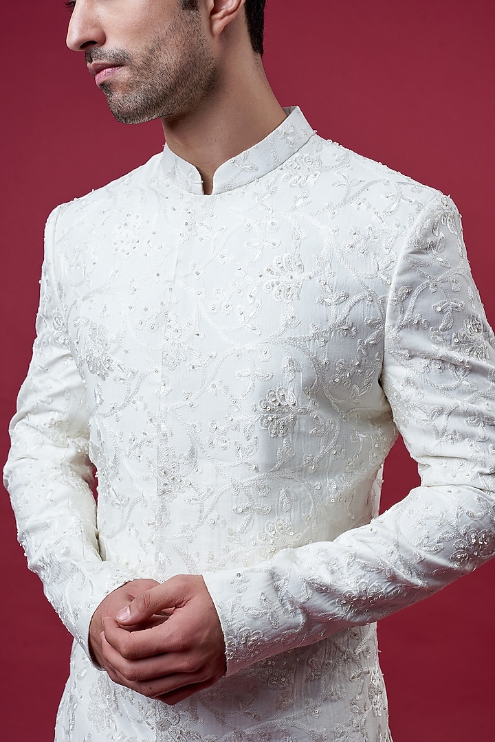 Ivory Chanderi Silk Embroidered Groom Sherwani Set by Sawan Gandhi Men at Pernia's Pop Up Shop