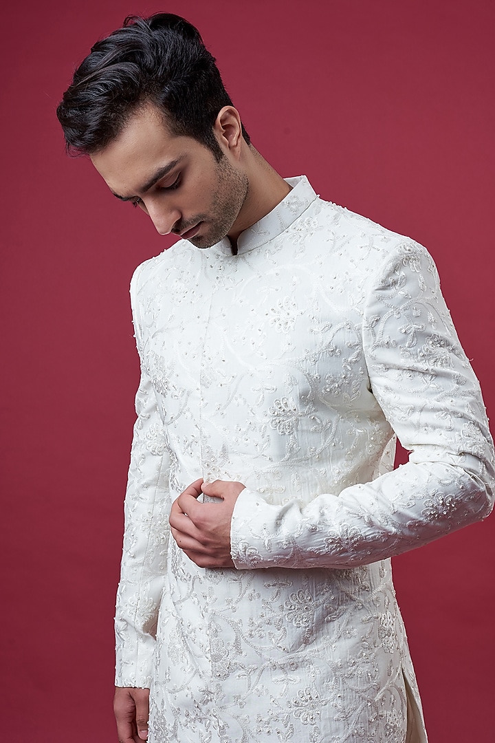 Ivory Chanderi Silk Embroidered Groom Sherwani Set by Sawan Gandhi Men at Pernia's Pop Up Shop