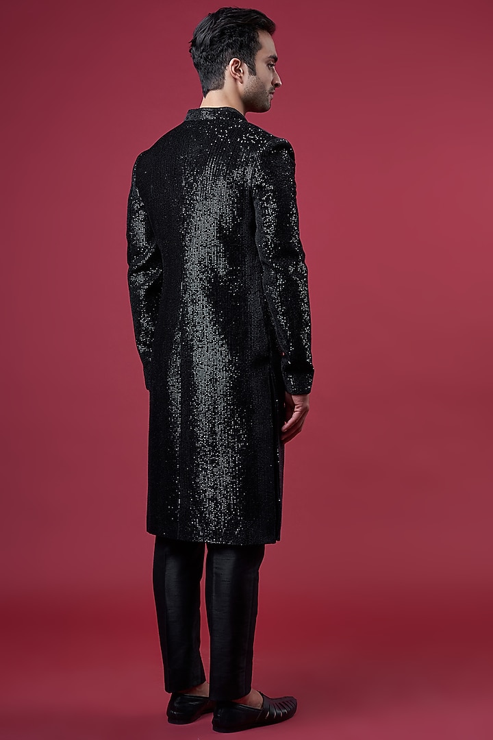 Black Velvet Embroidered Groom Sherwani Set by Sawan Gandhi Men at Pernia's Pop Up Shop