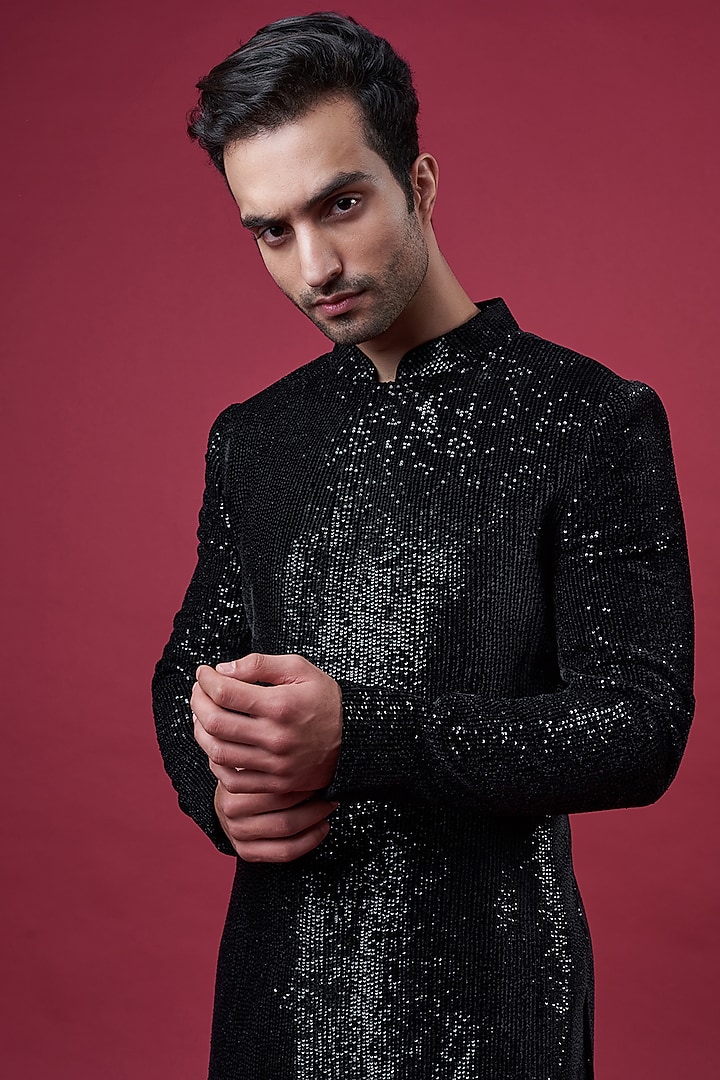 Black Velvet Embroidered Groom Sherwani Set by Sawan Gandhi Men at Pernia's Pop Up Shop