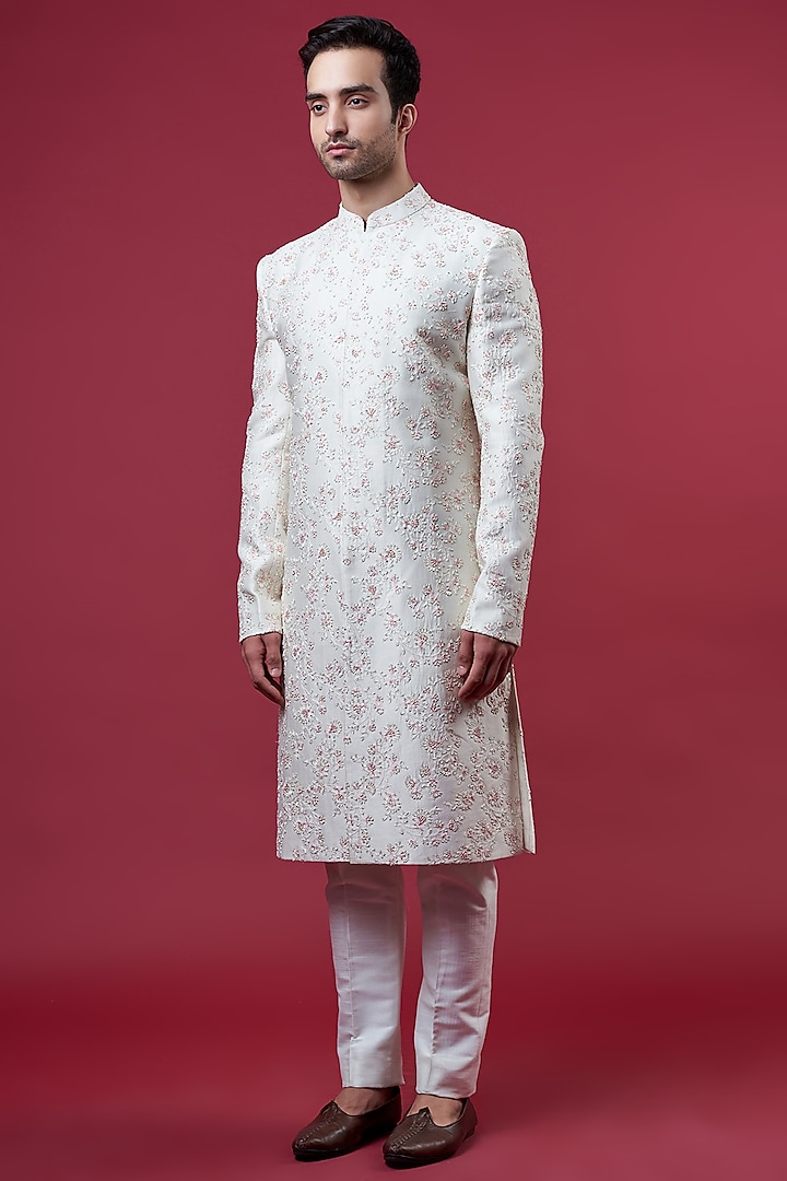 Ivory Chanderi Silk Embroidered Sherwani Set by Sawan Gandhi Men