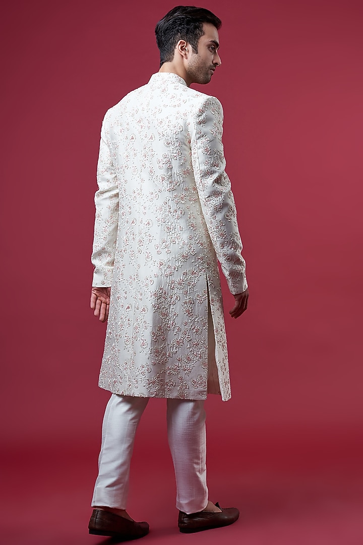 Ivory Chanderi Silk Embroidered Groom Sherwani Set by Sawan Gandhi Men at Pernia's Pop Up Shop