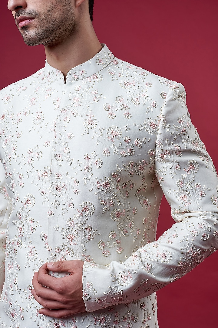 Ivory Chanderi Silk Embroidered Groom Sherwani Set by Sawan Gandhi Men at Pernia's Pop Up Shop
