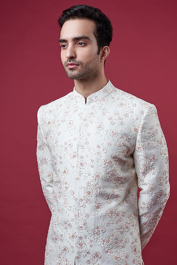 Ivory Chanderi Silk Embroidered Groom Sherwani Set by Sawan Gandhi Men at Pernia's Pop Up Shop