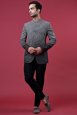 Grey Georgette Ombre Bandhgala Set by Sawan Gandhi Men