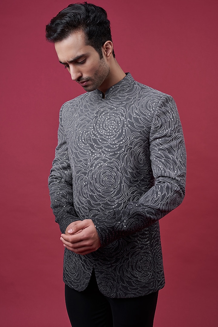 Grey Georgette Ombre Groom Bandhgala Set by Sawan Gandhi Men at Pernia's Pop Up Shop