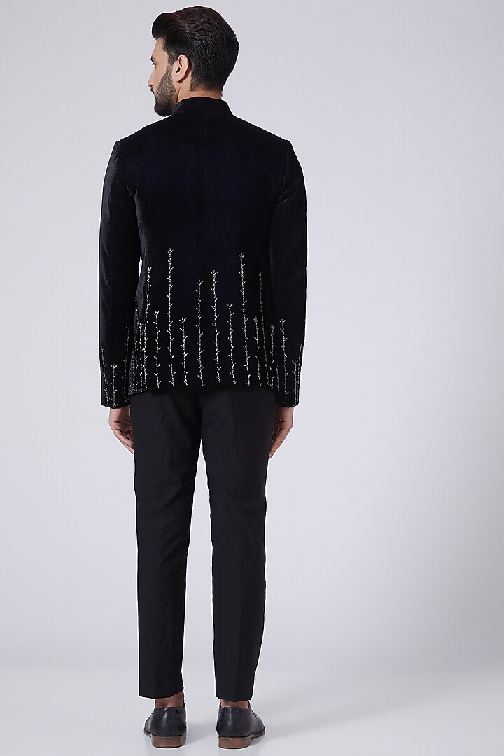 Midnight Blue Velvet Groom Bandhgala Jacket Set by Sawan Gandhi Men at Pernia's Pop Up Shop