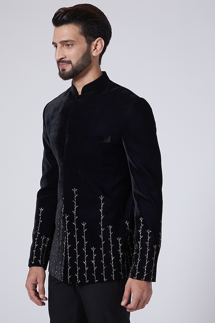 Midnight Blue Velvet Groom Bandhgala Jacket Set by Sawan Gandhi Men at Pernia's Pop Up Shop