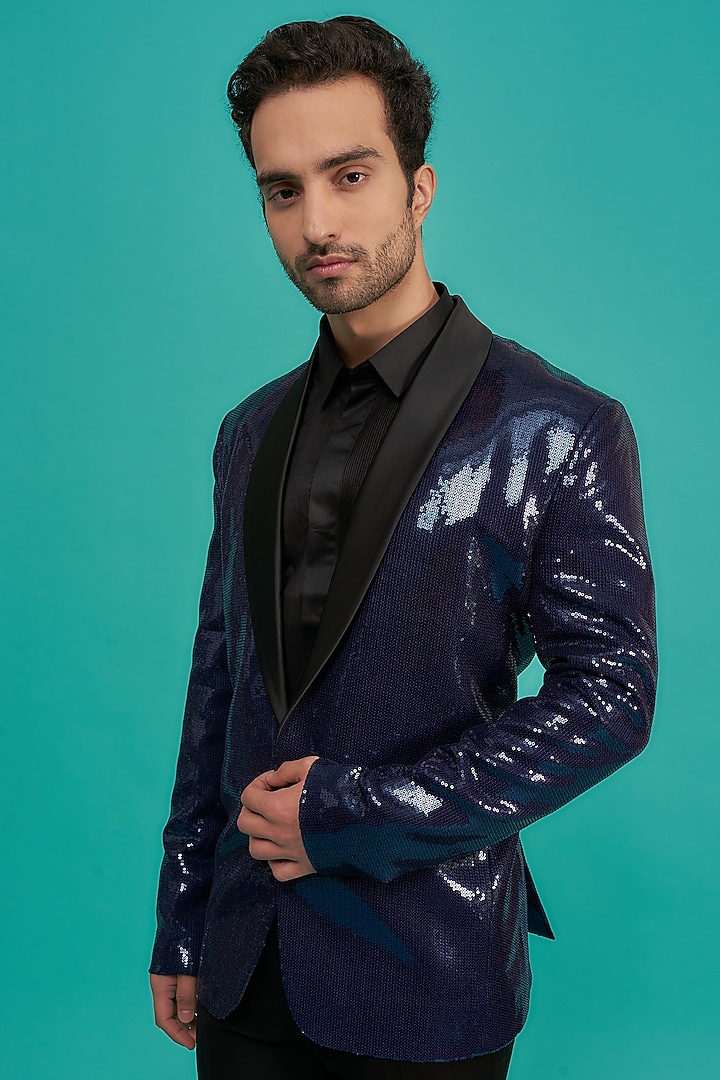 Midnight Blue Georgette Tuxedo Set by Sawan Gandhi Men at Pernia's Pop Up Shop
