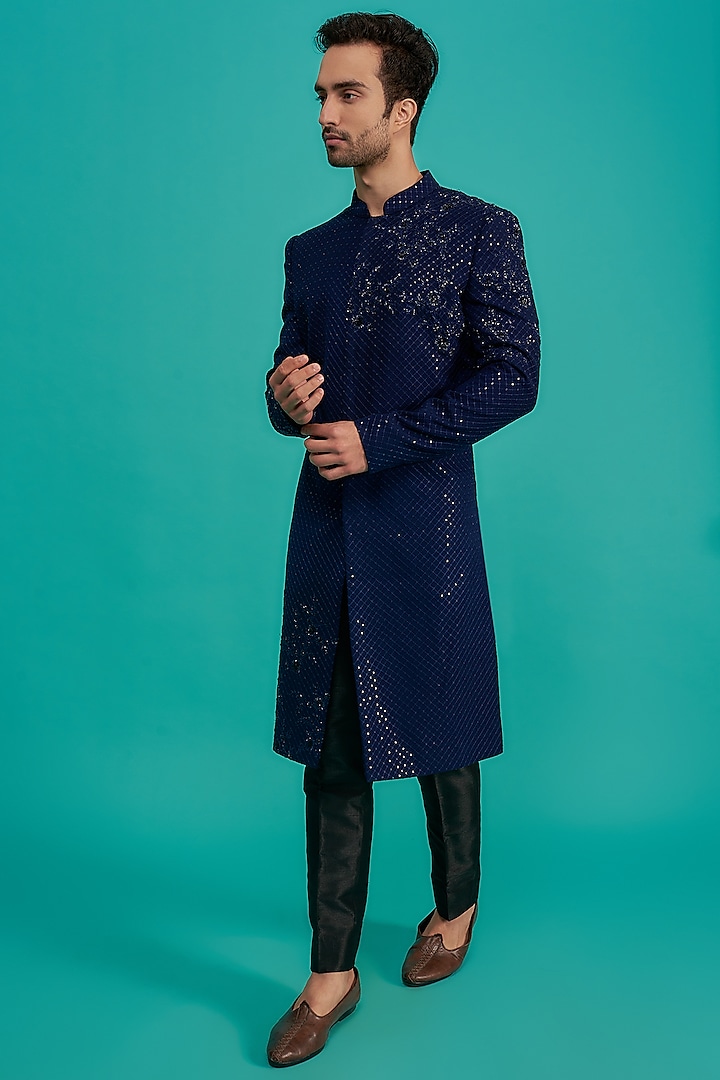 Midnight Blue Georgette Sequins Embroidered Sherwani Set by Sawan Gandhi Men